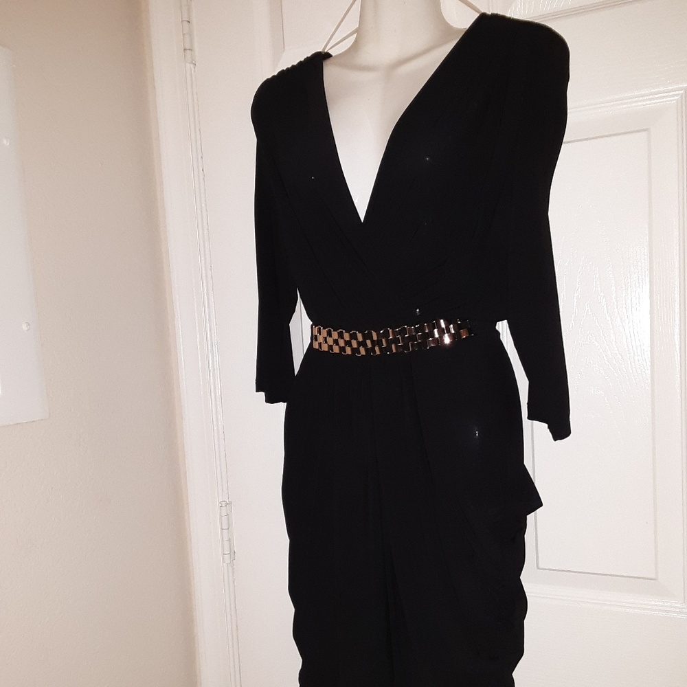 Black Vneck Long Sleeve Dress with Belt